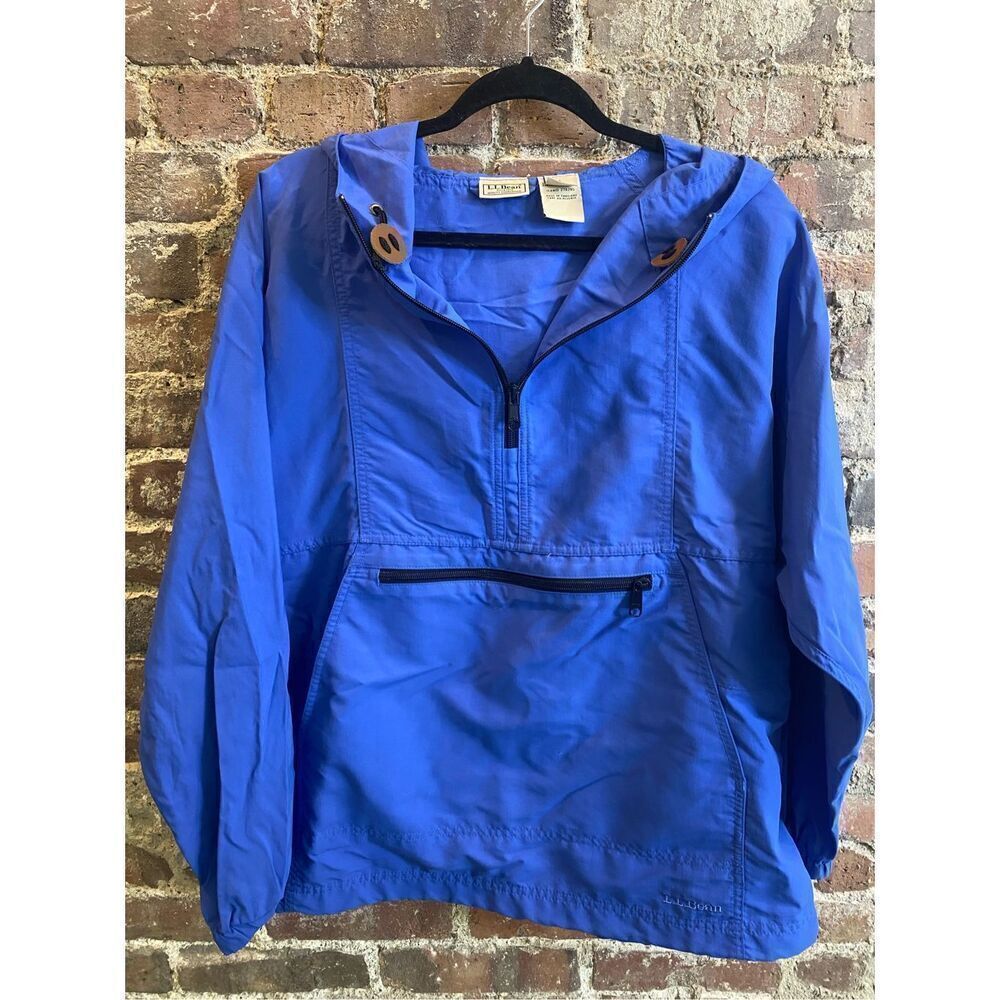 L.L. Bean Blue Pullover Half Zip Hooded Windbreaker Size Large Petite